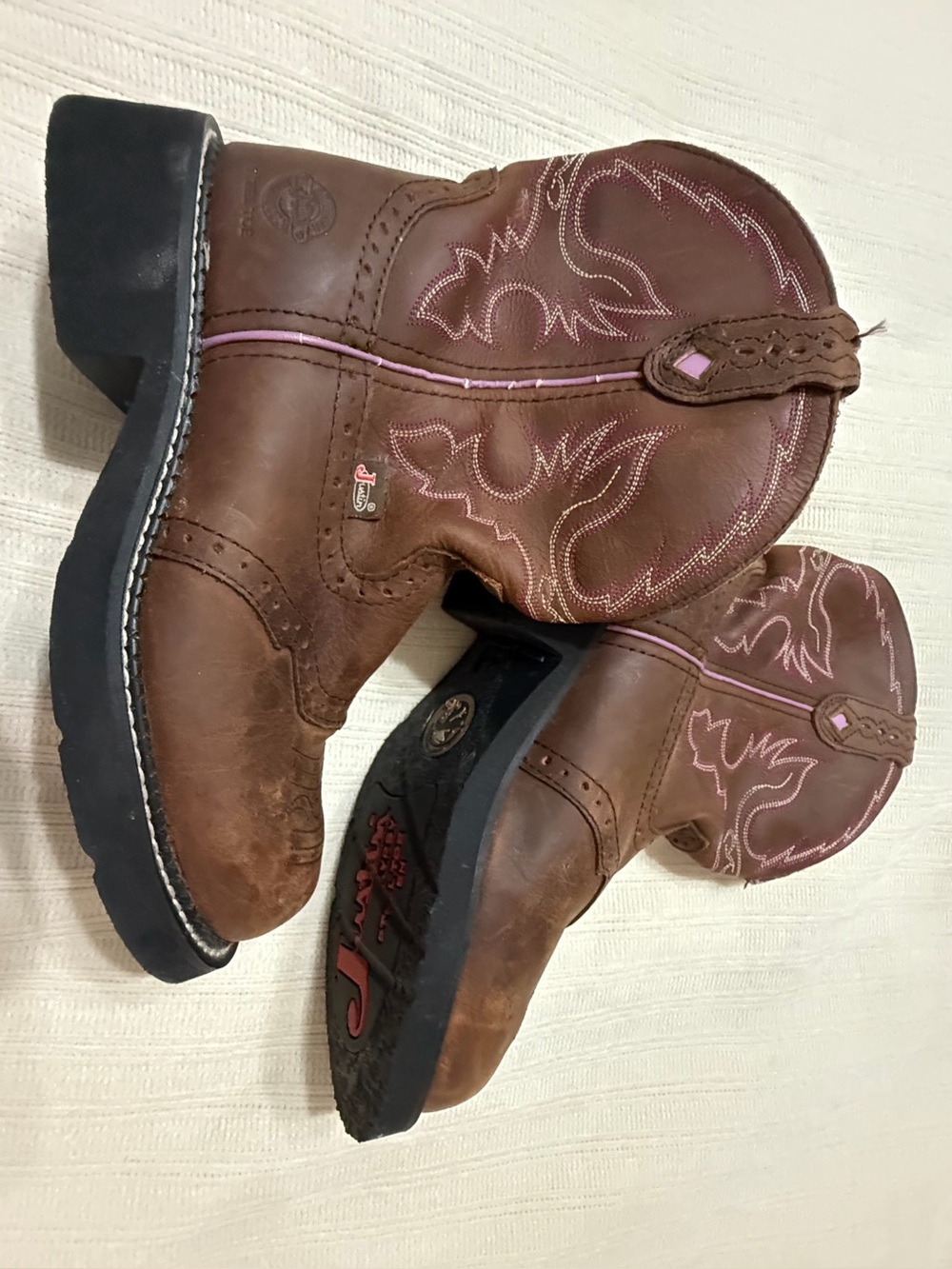 Ariat fat baby steel toe boots Brown Leather Western Boots with Pink Stitching